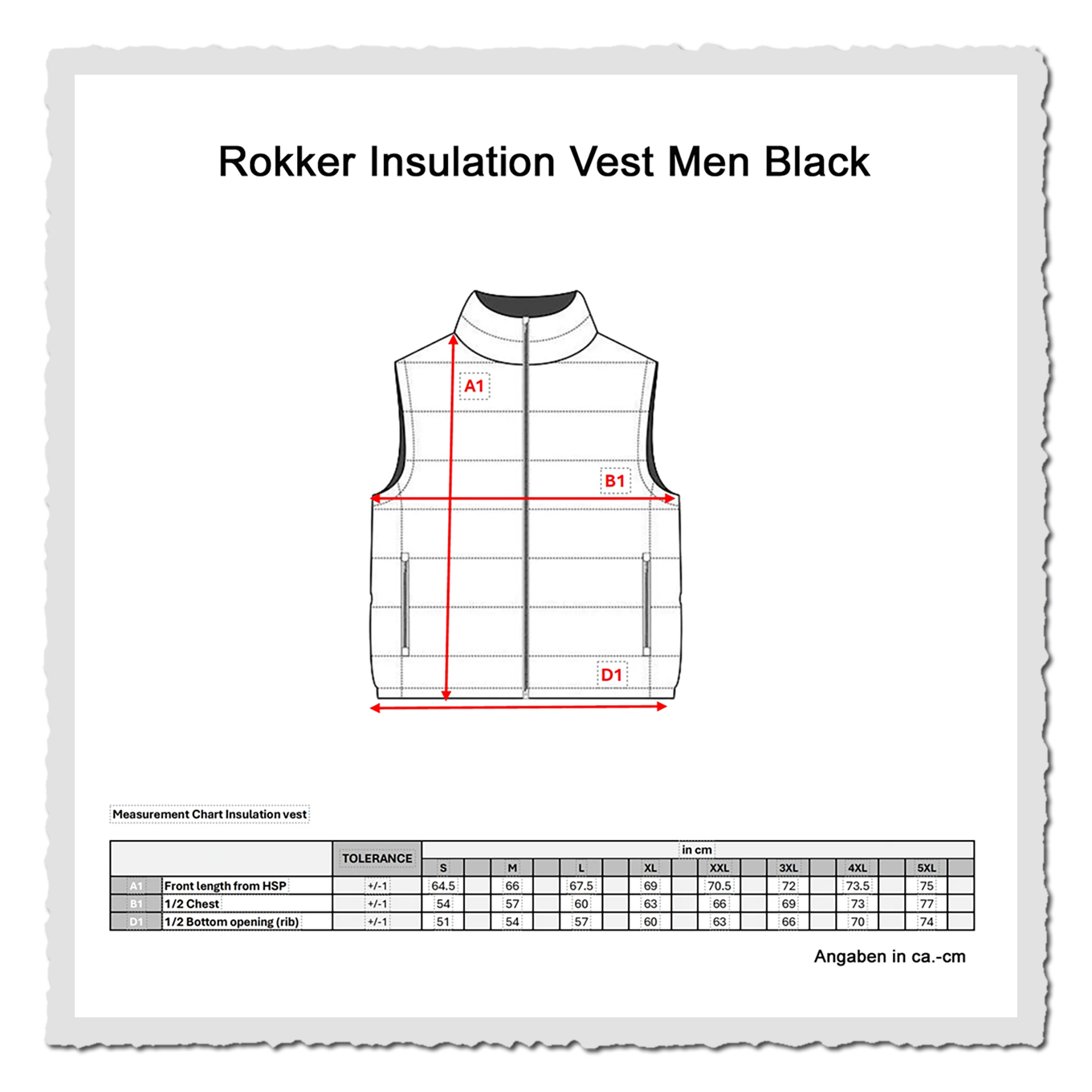 Größentabelle Insulation Vest Men Black mit Messgrafiken für Jacke und Hose, schwarze Tabelle und rote Maßpfeile auf weißem Grund.